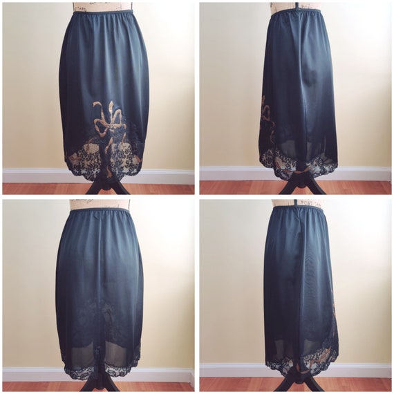 Vintage Black Slip Skirt Lace and Nylon with Sati… - image 2