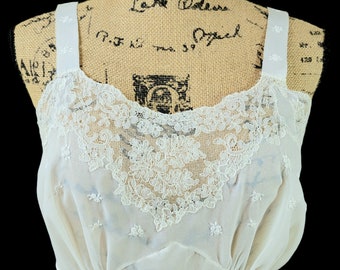 Vintage Feminine Antique White Slip Full Length Cameo Cut Lace and Embroidery