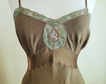 Vintage 1940&#39;s Vintage Bias Cut Silk/Lace Slip Dress Dark Brown with Sage Green Lace by Designer Regine&#39; Brenner