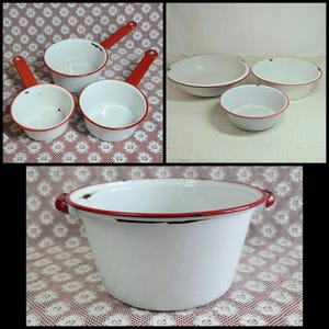 Vintage Enamel Cookware, Red Rim Basins, Pots, Bowls, Enamelware