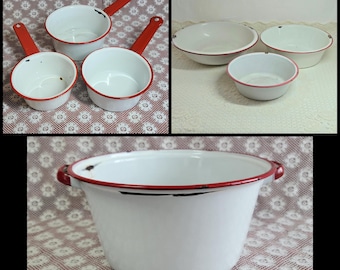 Vintage Enamel Cookware, Red Rim Basins, Pots, Bowls, Enamelware
