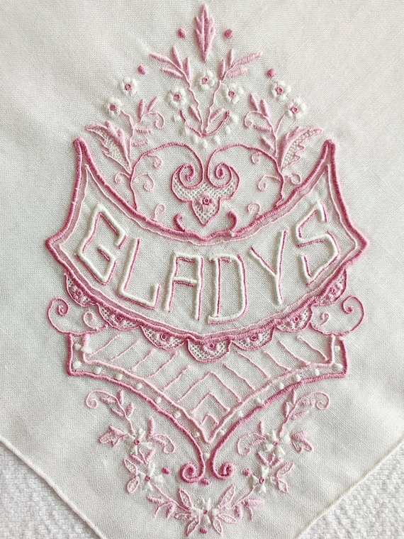Art Deco Hankie Monogrammed Pink Handkerchief/ Pro