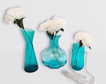 Vintage Peacock Blue Morgantown Slant Top Glass Vase Water Bottle Bud Vase/Carafe/Plant Cutting Starter