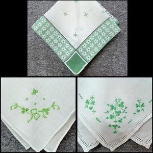 mouchoirs irlandais vintage, au choix, pur lin irlandais, carte irlandaise, brodé à la main, trèfle à trois feuilles shamrock, motif Irlande, cadeau irlandais