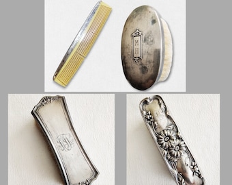 Antique Clothes Brush, Sterling Silver, Floral Design, Boar Bristles, Repousse Metal Work, Baby Brush Monogrammed MH