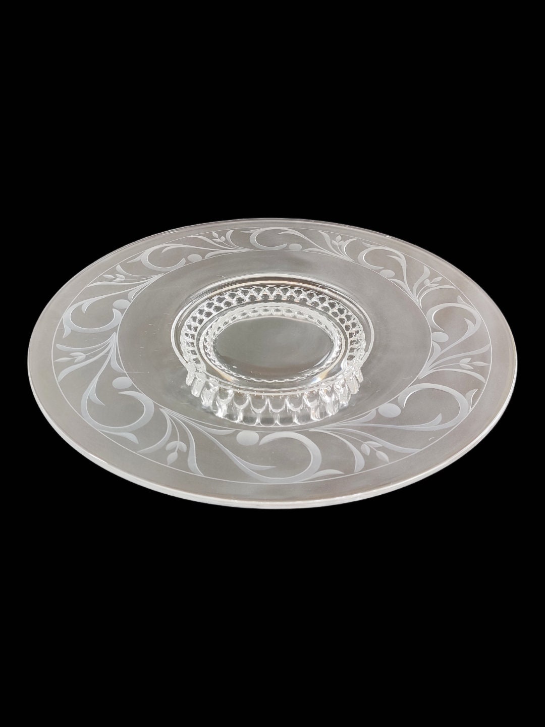 Vintage Round Etched Glass Serving Platters or Footed Cake Plate Stand