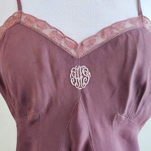 Vintage Art Deco 1940&#39;s Brown Bias Cut Silk/Lace Slip Dress by Designer Regine&#39; Brenner