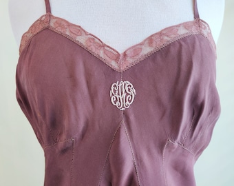 Vintage Art Deco 1930's Brown Bias Cut Silk/Lace Slip Dress by Designer Regine' Brenner