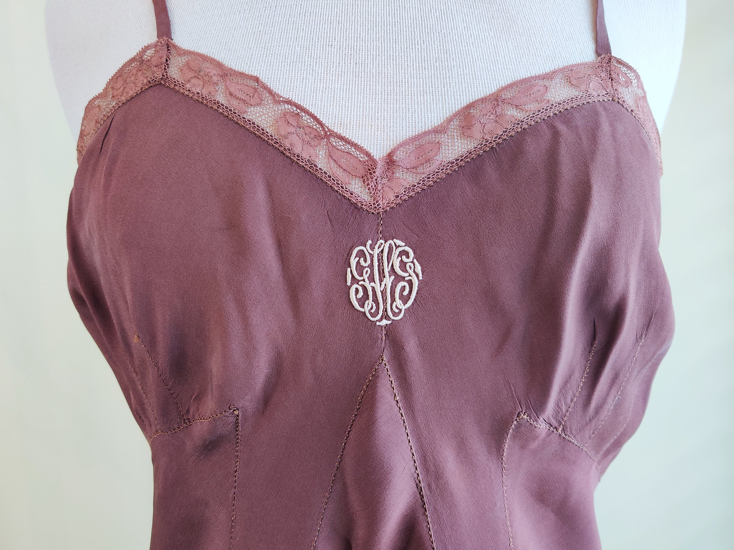 Vintage Art Deco 1940's Brown Bias Cut Silk/Lace Slip Dress by Designer Regine' Brenner