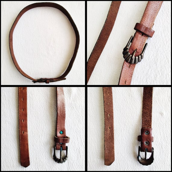 Vintage Belt, Brown Thin Leather Belt, Silver Ton… - image 7