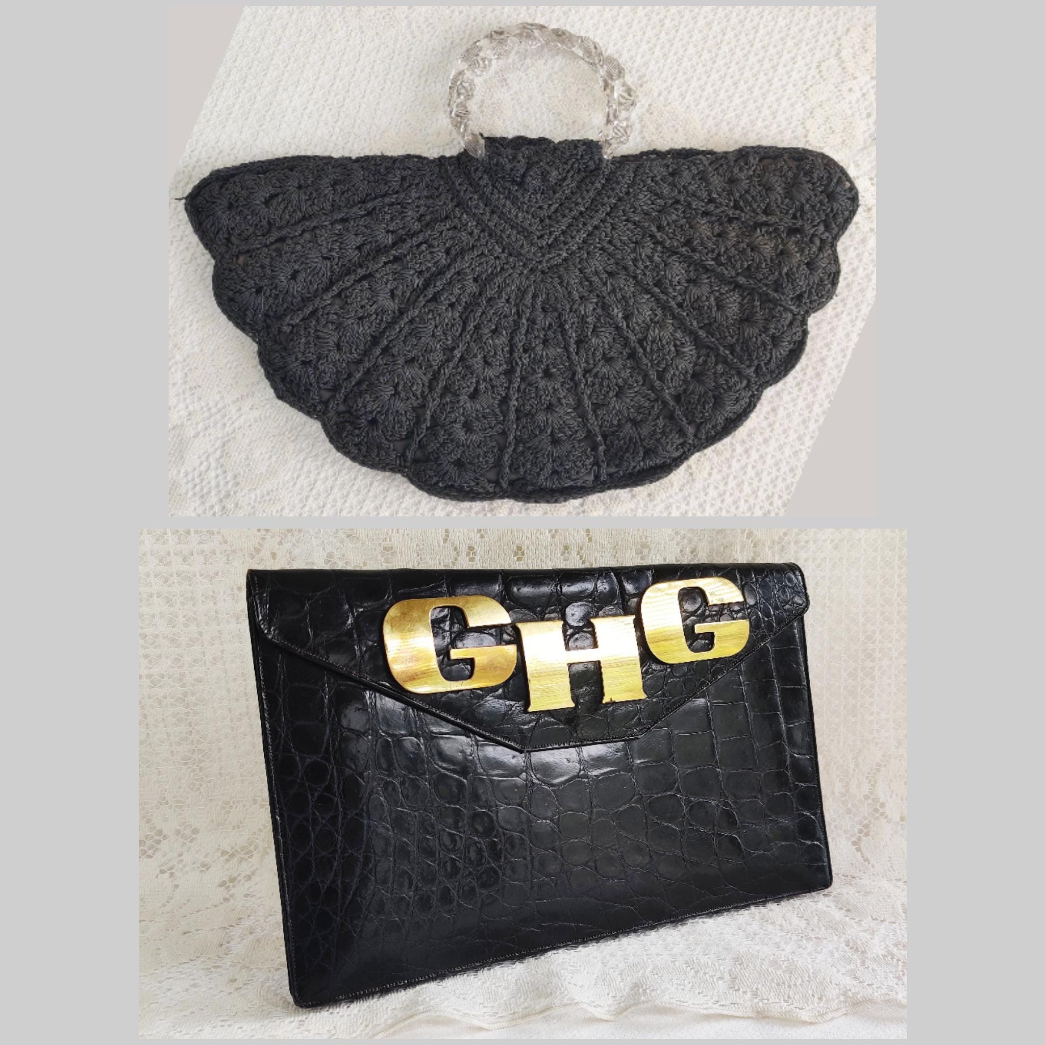 Vintage Macrame Corded Handbag Black Fan Clamshell Twisted Lucite Handles 1940 orBlack Alligator Skin Leather Clutch Purse Abercrombie Fitch