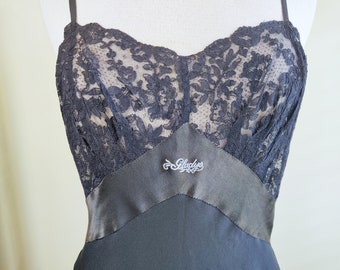 Vintage 1930&#39;s Glamourous Black Bias Cut Silk/Lace Slip-Dress with Bound Scalloped Hemline by Designer Regine Brenner