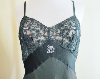 Vintage 1930's Glamourous Black Bias Cut Silk/Lace Slip Dress Bound Scalloped Hemline by Designer Regine' Brenner