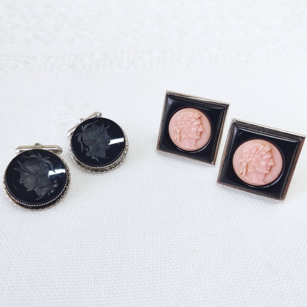 Vintage Cufflinks, Sterling Silver Black Etched Onyx Centurian,  Black and Pink Julius Caesar Cameo