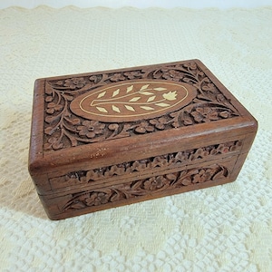 Vintage Hand Carved Inlaid Wooden Jewelry Trinket Box
