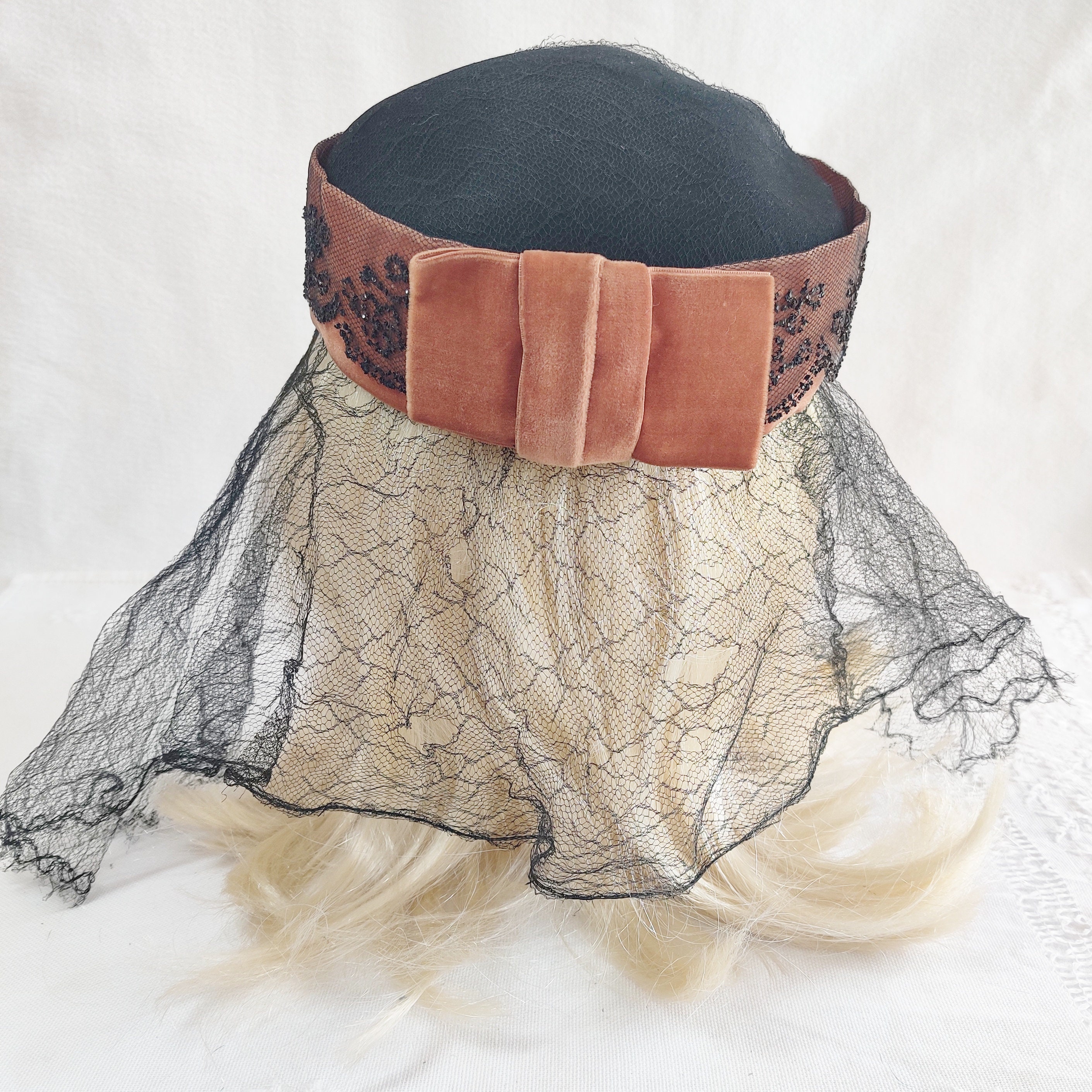 Vintage 1930s Pillbox Hat, Black Crinoline Veil, Crushed 