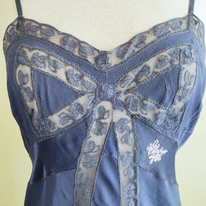 Vintage  1930's Deco Bias Cut Silk/Lace  Dark Blue Slip Dress by by Designer Regine' Brenner Monogrammed