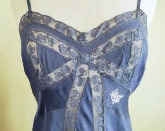 Vintage  1930's Deco Bias Cut Silk/Lace  Dark Blue Slip Dress by by Designer Regine' Brenner Monogrammed