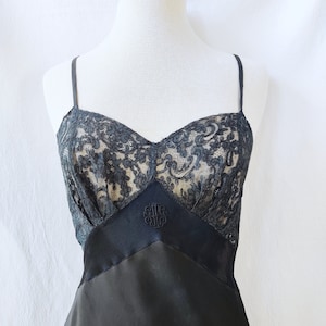 Vintage 1930&#39;s Glamourous Black Bias Cut Silk/Lace Slip Dress Bound Scalloped Hemline by Designer Regine&#39; Brenner
