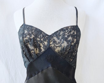 Vintage 1930's Glamourous Black Bias Cut Silk/Lace Slip Dress Bound Scalloped Hemline by Designer Regine' Brenner