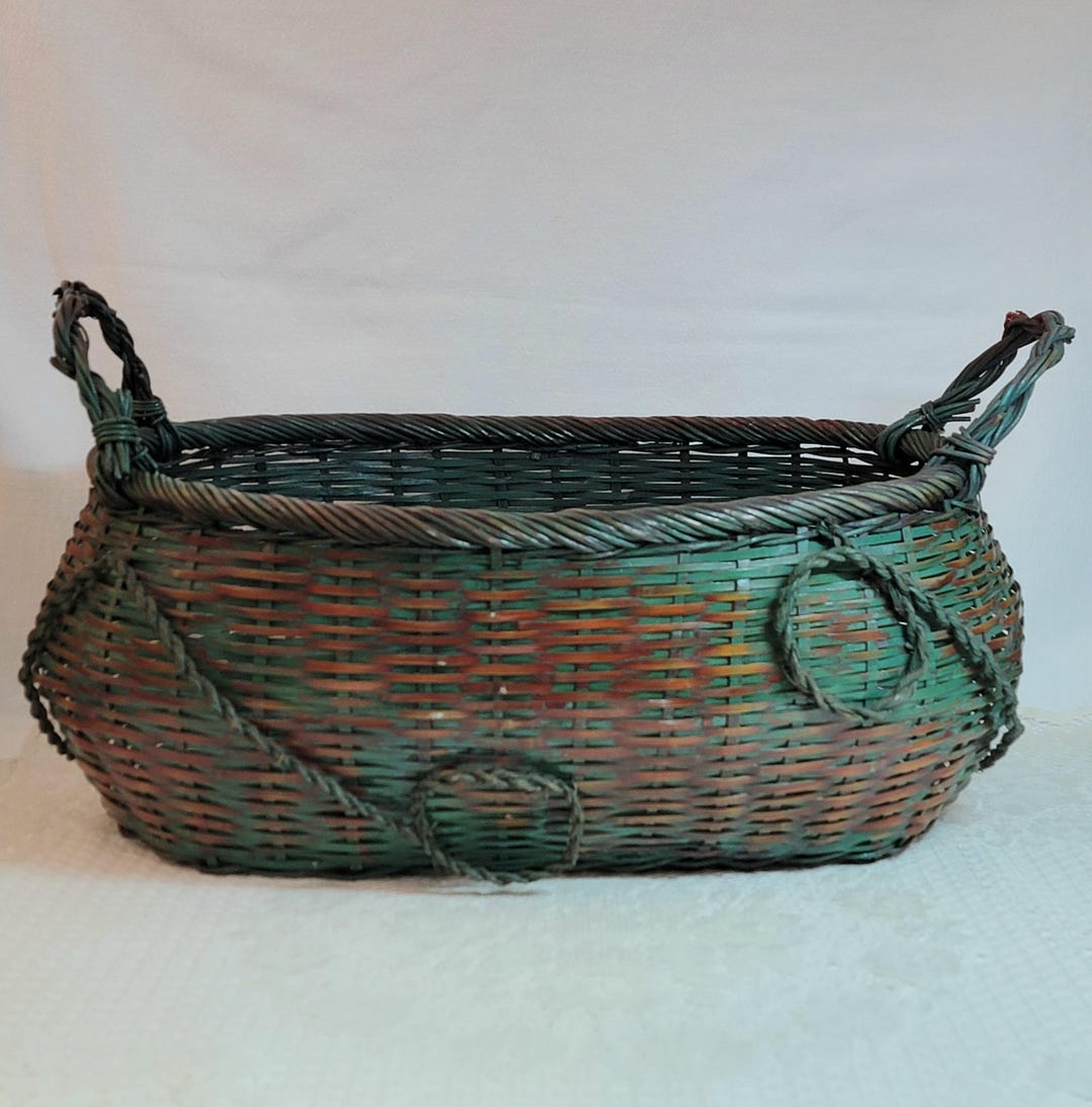 Large Reed Basket Vintage Green Rustic Woven Reed Basket Large Decorative Lightweight ...
