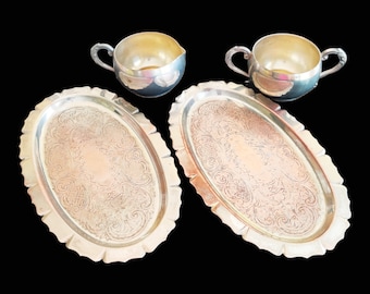 Vintage Set of 2 Serving Salver/Tray Set with Sugar Bowl and Milk Creamer Bowl Silverplate EP on Copper by Burney