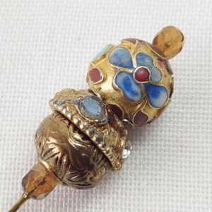 Vintage ELLEN Rosenberg Designers Enameled Flowers Gold Tone Hat Pin, Antique Victorian Faceted Black  Jet Glass Mourning Hat Pin