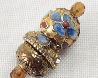 Vintage ELLEN Rosenberg Designers Enameled Flowers Gold Tone Hat Pin, Antique Victorian Faceted Black  Jet Glass Mourning Hat Pin
