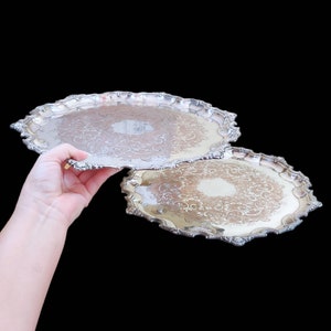 Vintage Silverplate Salver Tray, Platter, Scalloped & Etched Floral Design, Hors d&#39;oeuvres Server,Serving Tray,Tea Party, Appetizers, Drinks