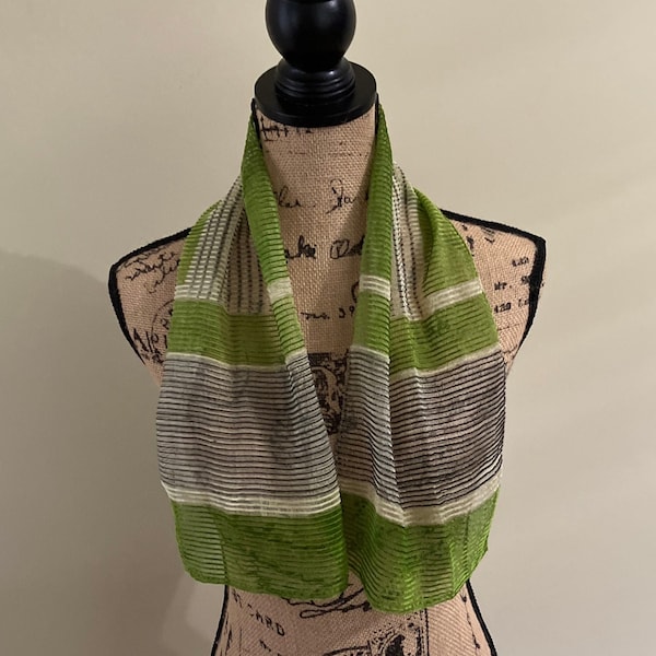 Vintage Lime Green Scarf, Neck Hair Scarf, Green Ivory Black Ribbed, MidCentury 1950, Retro Art Deco Fashion Style, Classic Accessories