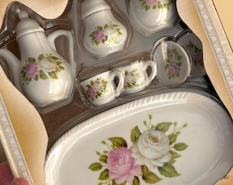 Vintage Miniature Tea Set with Pink and White Rose Design by Greenbrier International in Original Box | 8 Pieces