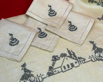 Vintage Hand Embroidered Yellow Linen Square Tablecloth and 4 Napkins, Embroidered Lady, Houses | Country, Cottage, Farmhouse | 32 in.