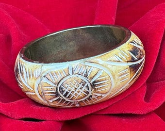 Vintage Brass and Bone Carved Inlay Bangle Bracelet