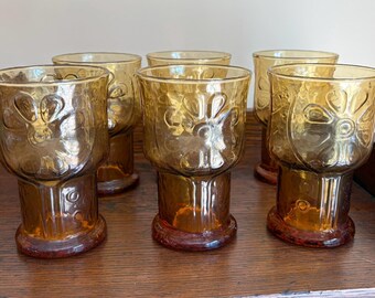 Vintage Libbey Set of 6 COUNTRY GARDEN Amber Drinking Glasses Tumblers Daisy Design *READ* | 5-inch H