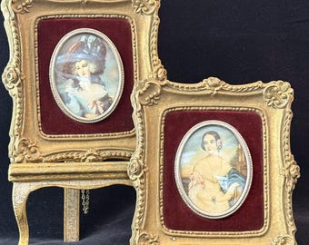 Pair of Vintage Cameo Creation Framed Victorian Lady Portraits | Lady Sheffield and Isabella Montgomery | Ornate Gold Frames | 6 x 6 3/4 in.