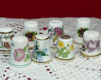 Collection of 8 Vintage English Bone China Thimbles FLORAL Designs | Spode, Hammersley, Royal Grafton, Royal Albert, Royal Worcester, Etc