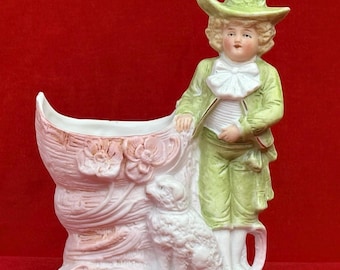 Vintage Bisque Porcelain Spill Vase Boy in Green Outfit with White Dog | Country, Cottage, Victorian Decor