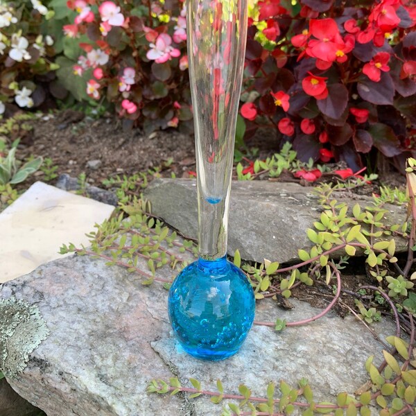 Glass Bud Vase with Blue Glass Ball Bottom with Bubbles | 8 1/4 in. H Glass Bud Vase