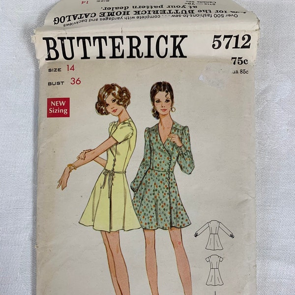 Vintage Butterick 5712 | Size 14 Bust 36 | Misses One-Piece Wrap Dress | Uncut, Factory Folded | Above Knee Length Wrap Dress Vintage