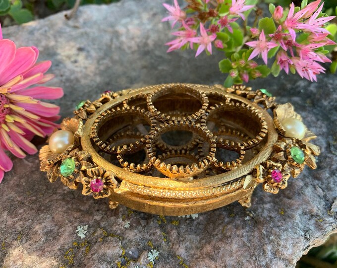 Vintage Florenza Gold Tone Jeweled Metal Lipstick Holder Vanity