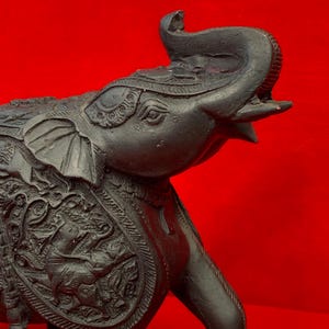 Vintage Heavy Black Resin Elephant Trunk Up with Intricate Details | 7 1/2 in. H x 8 in. L | Shelf Decor, Good Luck, Book End