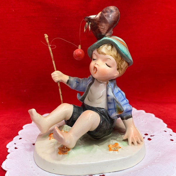 Vintage Napco Boy Fishing Figurine | Fishing Caught a Shoe Napco Figurine | Napco A2627C Fishing | Made in Japan Napco Ceramic Figurine