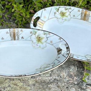 Pair of Antique P V Vessra Germany Hand Painted Porcelain Oval Dishes with Hibiscus Flower Design | Decorative, Trinket Dishes, Jewelry