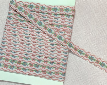 Vintage Woven Floral Trim | Total 4 Yards | 1/2 in. W | Sewing, Crafting | Vintage Sewing Trim Woven Floral Pink and Blue on White