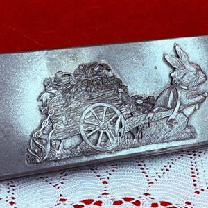 Tin Metal Box with Lid Pewter Spring Easter Rabbit with Wagon of Flowers