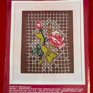 Vintage Vogart 2314 Crewel Embroidery Kit &quot;American Beauty&quot; Dated 1975 | Complete | Finished size 9 in. x 12 in. | Rose Crewel Embroidery