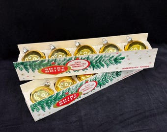 2 boîtes de 5 ornements ronds vintage en verre brillant doré dans leurs boîtes d'origine « Fanci-Pak », soit 10 ornements au total.