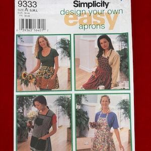 May include: A Simplicity sewing pattern for aprons. The pattern features four different apron designs, with images of women wearing the aprons. The pattern includes sizes A, S, M, and L.