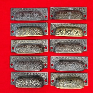 Set of 10 Matching Antique Bronze Ornate Design Bin Style Drawer Pulls, Salvaged Drawer Cup Pulls | Antique Original Drawer Pulls Lot