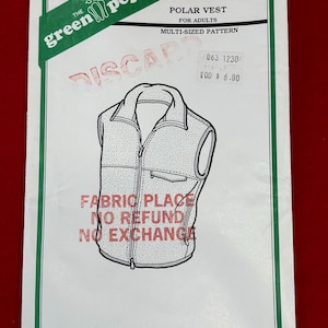 May include: A white paper sewing pattern envelope for a polar vest by The Green Pepper Inc., model F776. The front features a black line drawing of a sleeveless vest with a collar and zipper, along with the text "DISCARD" and "FABRIC PLACE NO REFUND NO EXCHANGE" stamped in red ink.